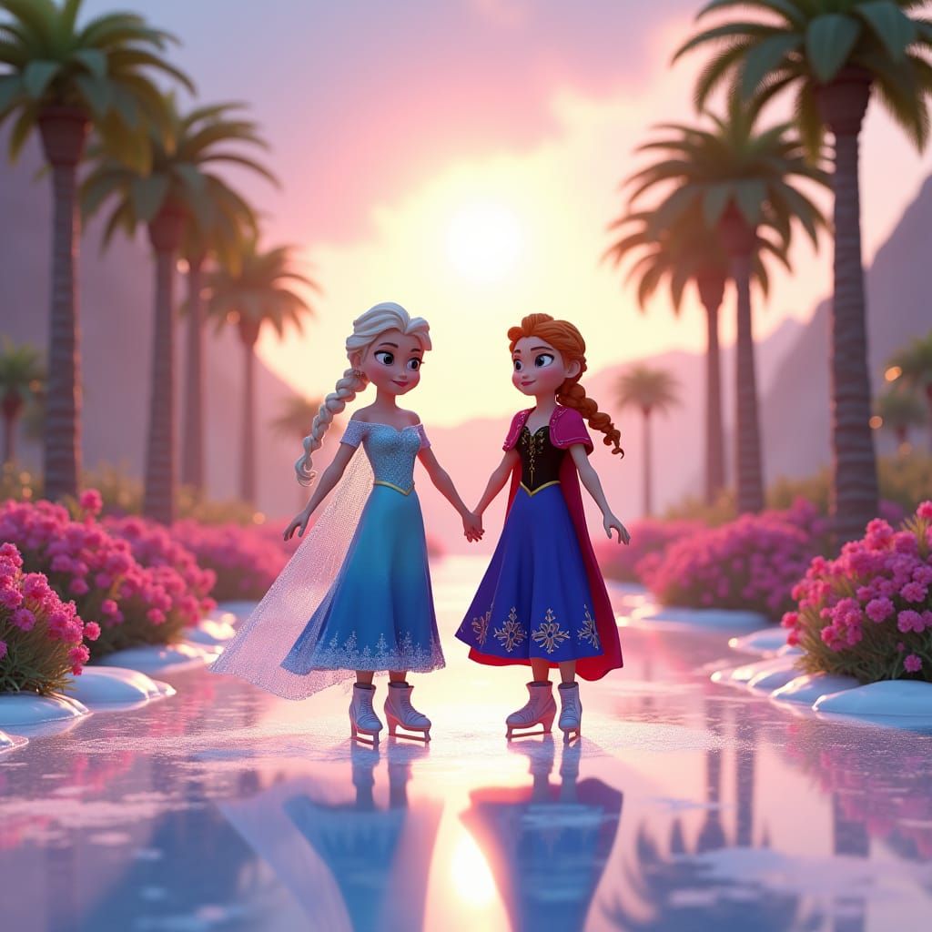 Elsa and Anna Ice Skating in Summer Landscape