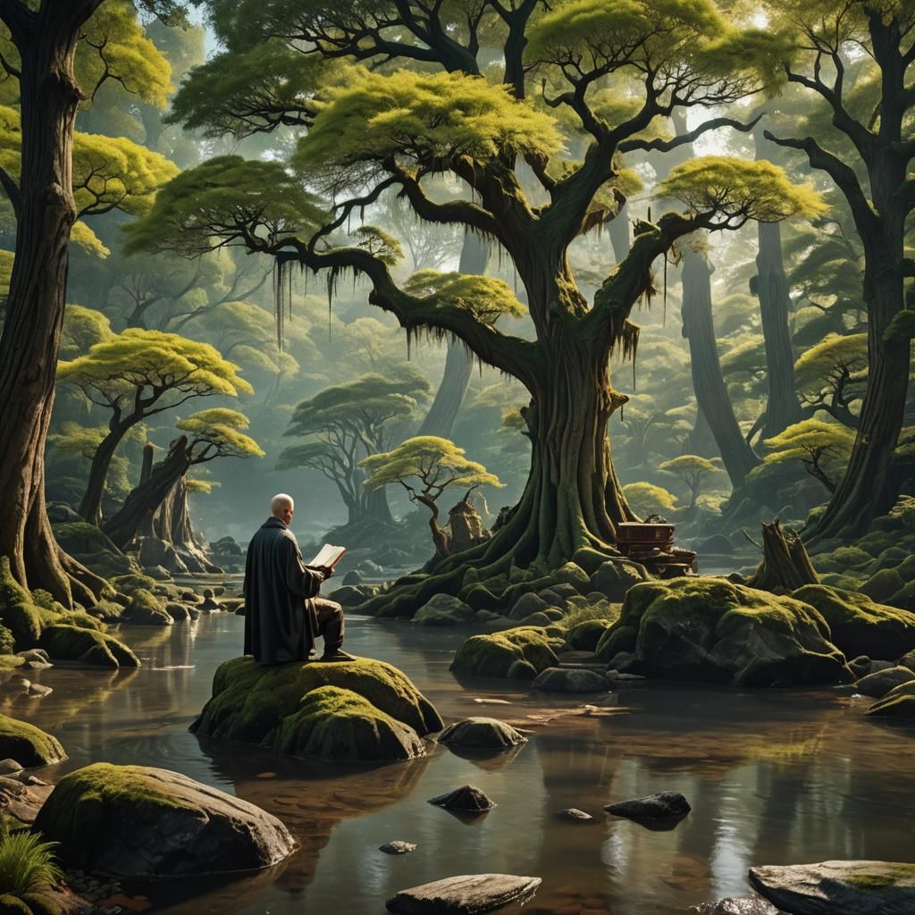 Creek with Cypress, Bonsai, and Bible Reader