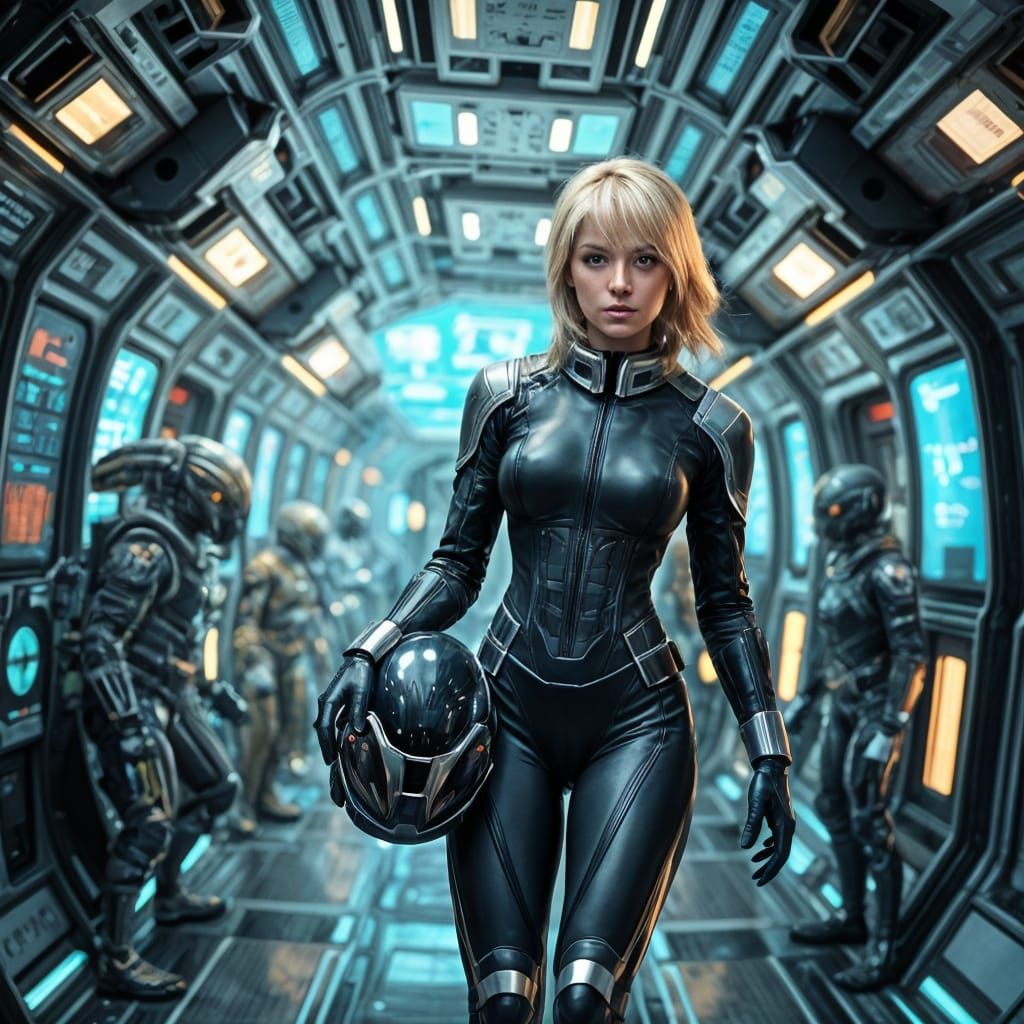 Futuristic Space Pilot in a Bustling Station