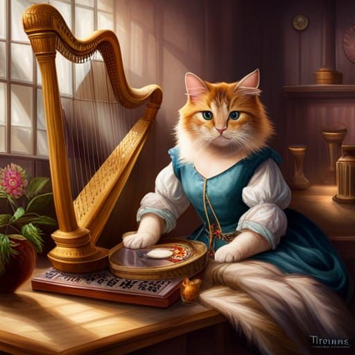 Calico Cat Bard in Tavern, Hyperrealistic Fantasy Art