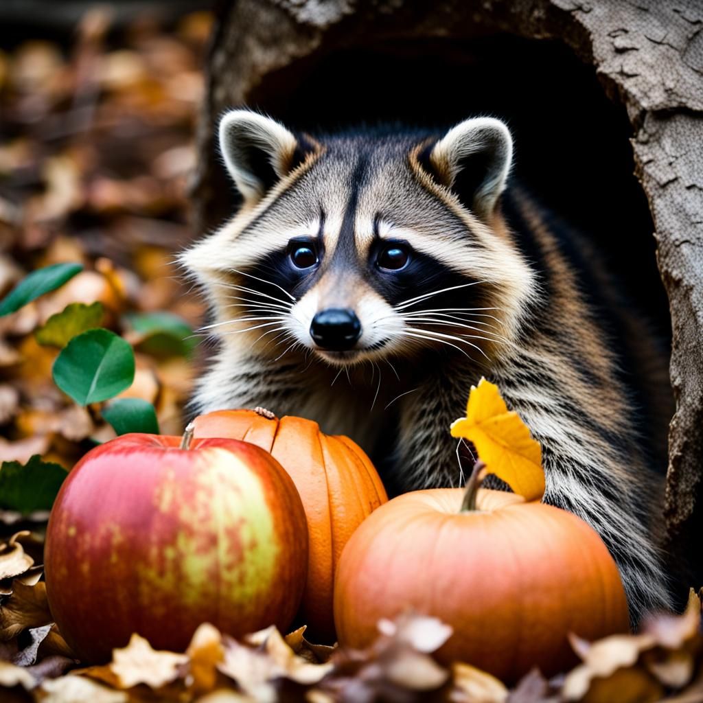 Raccoon Stashes Harvest in Forest Cavern