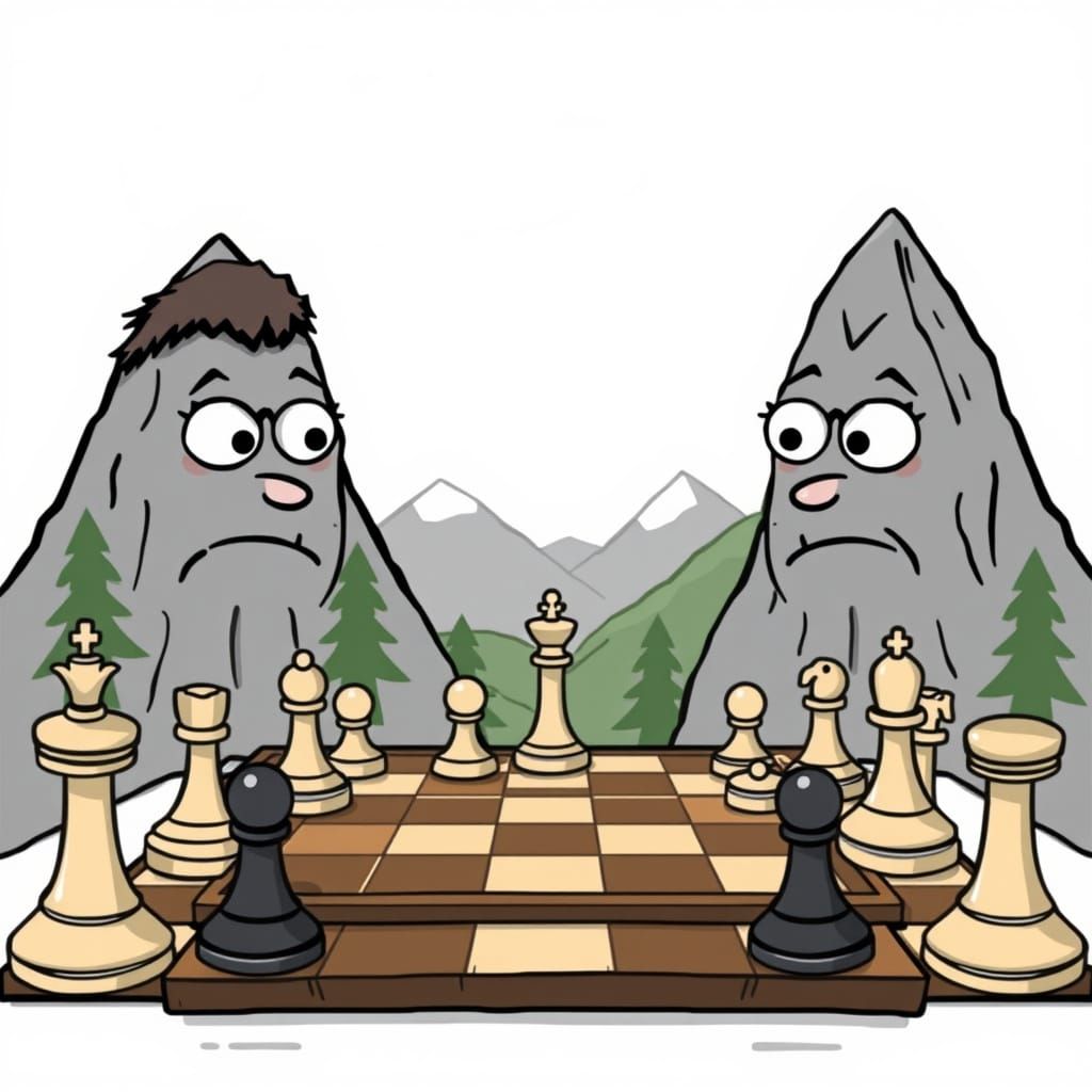 Cartoon Mountains Frowning Over Chessboard