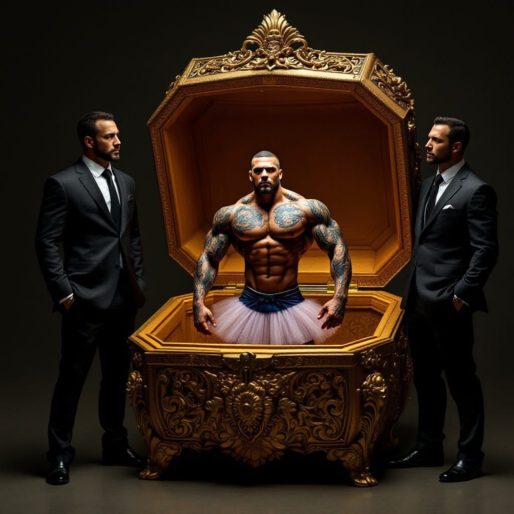 Three Men Admire a Miniature Bodybuilder in a Music Box