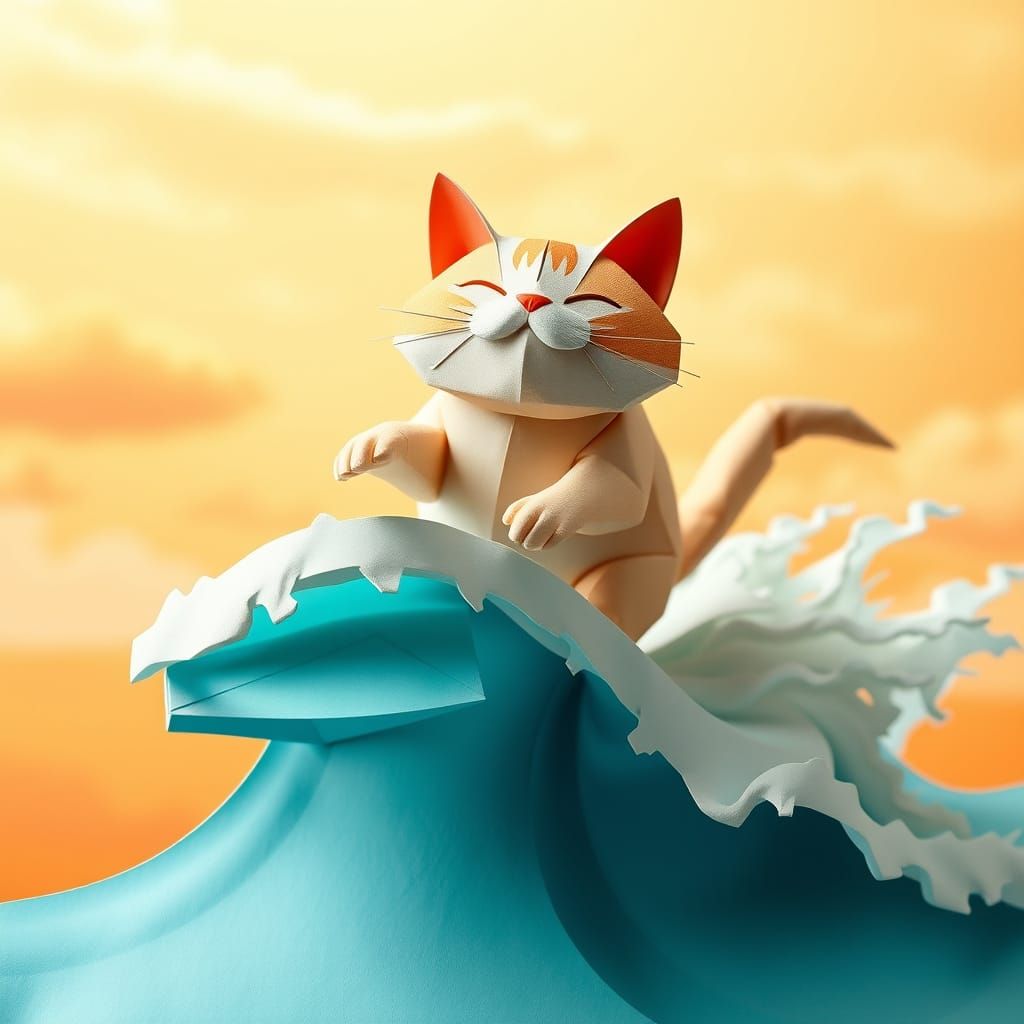 Whimsical Feline Surfer on Origami Wave