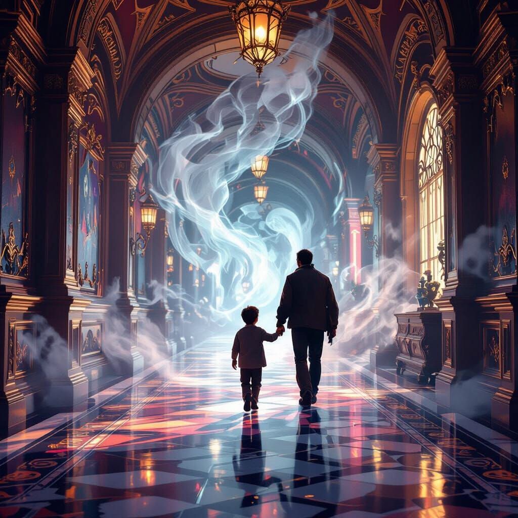 Father and Son in Ornate Hallway with Swirling Mist