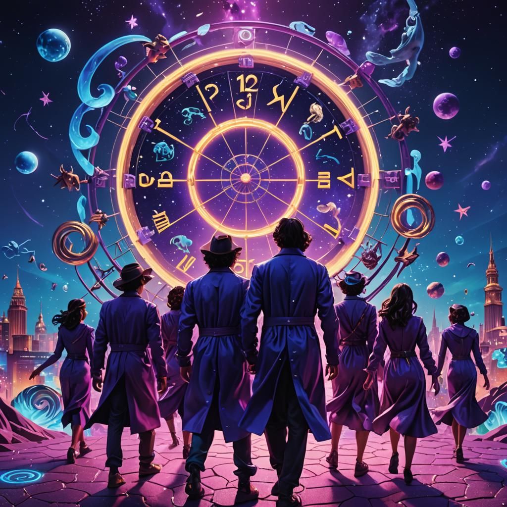 Zodiac Figures in Surrealist Cosmic Landscape