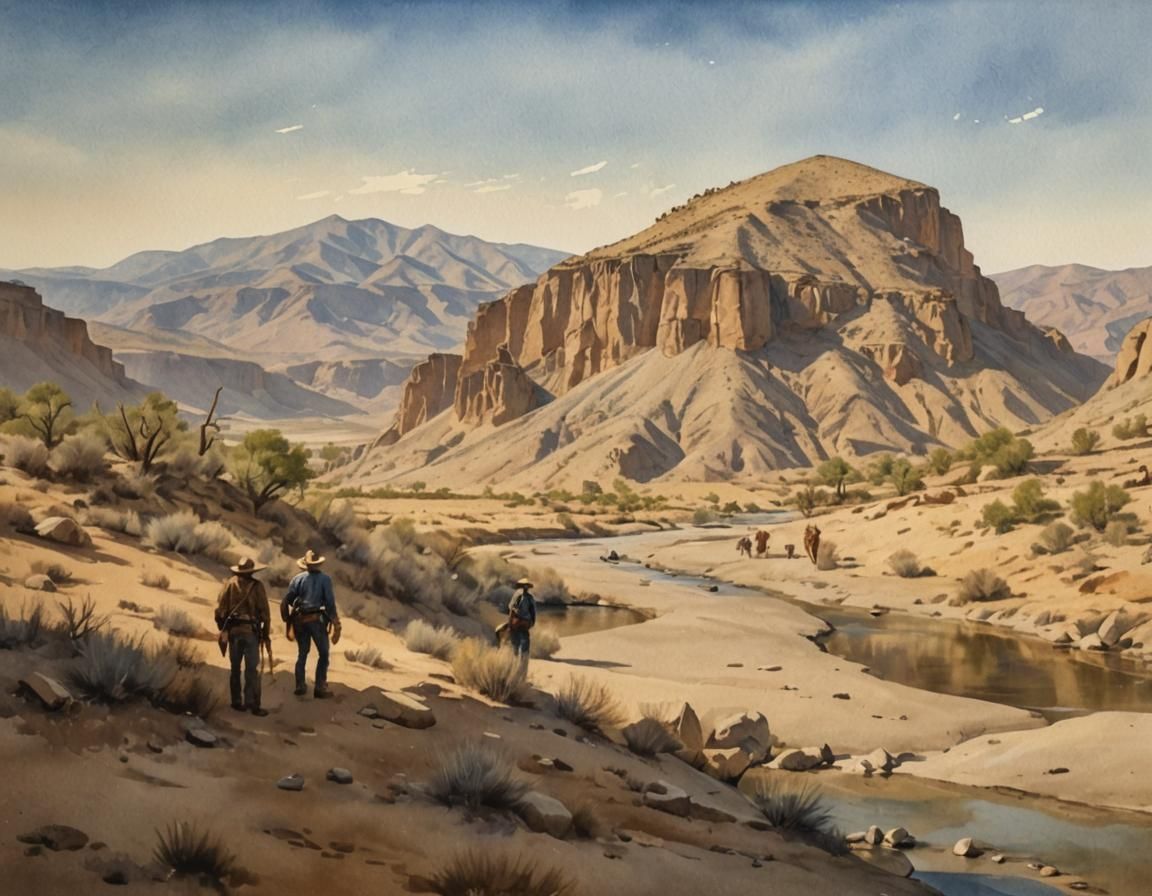 Cowboys in Tabernas Desert: Watercolor Painting