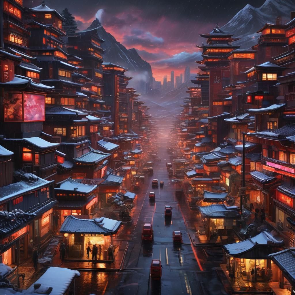 Futuristic Japanese City Amidst Snowy Mountains