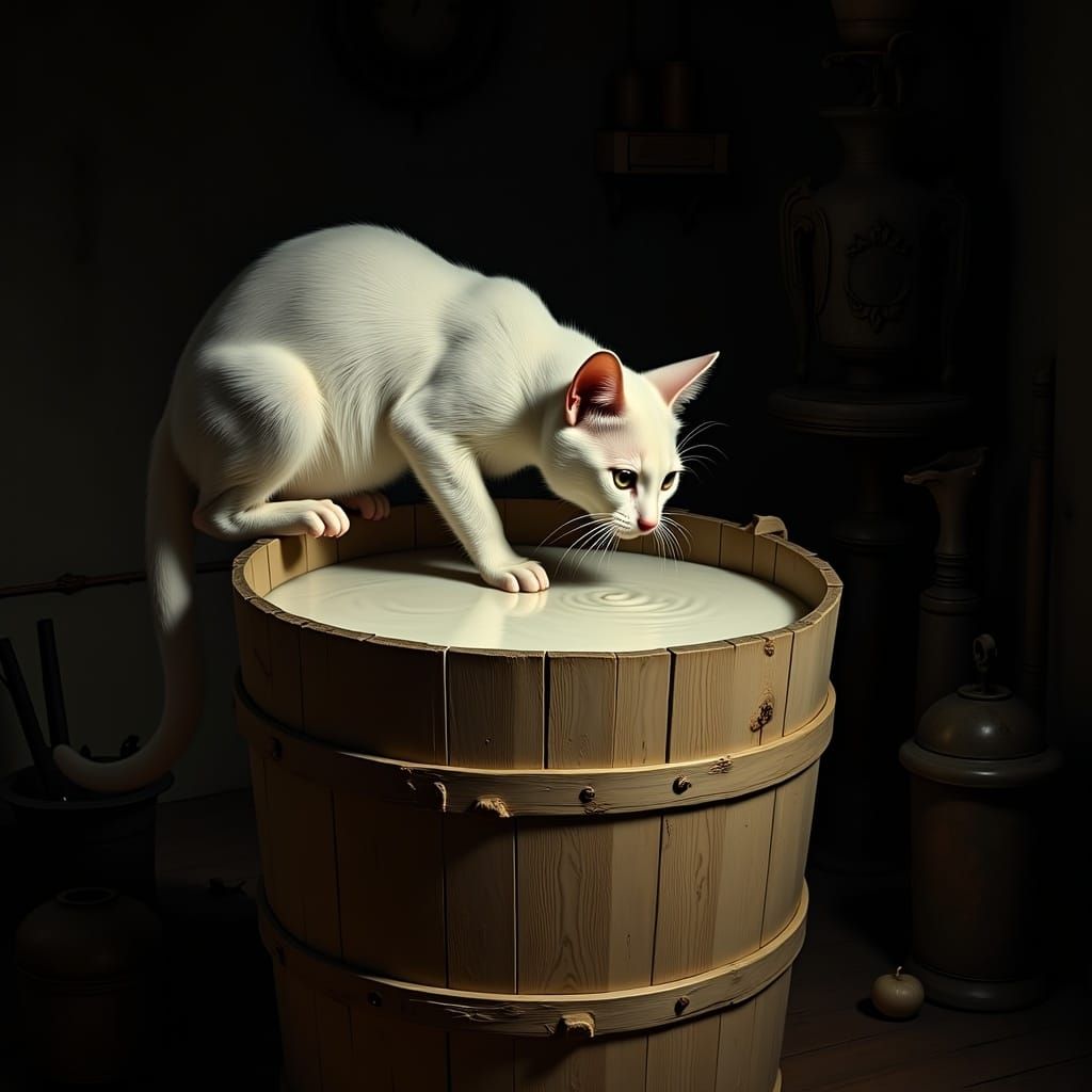 Cat and Milk Bucket in Chiaroscuro Style
