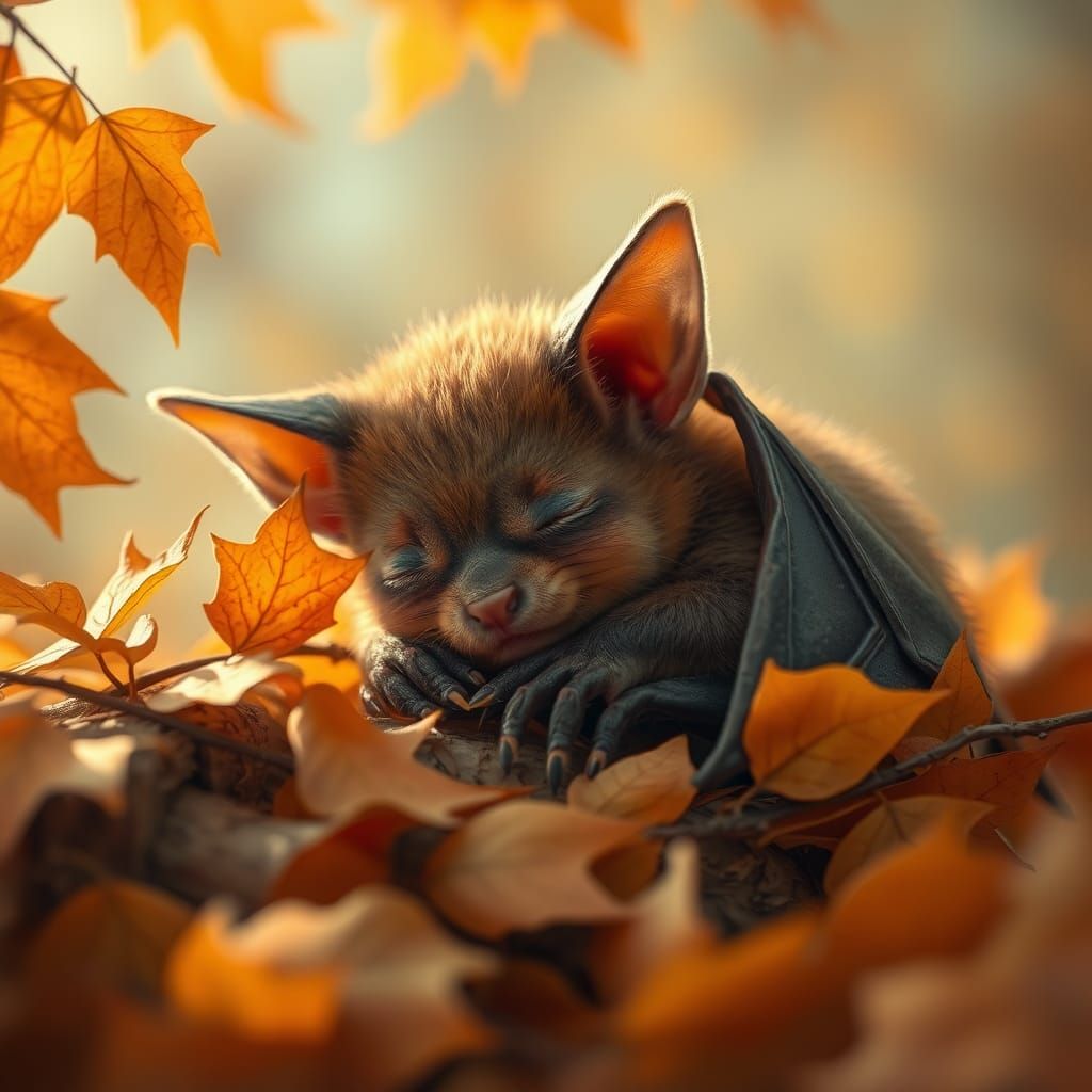 Cute Baby Bat Asleep in Autumn Leaves