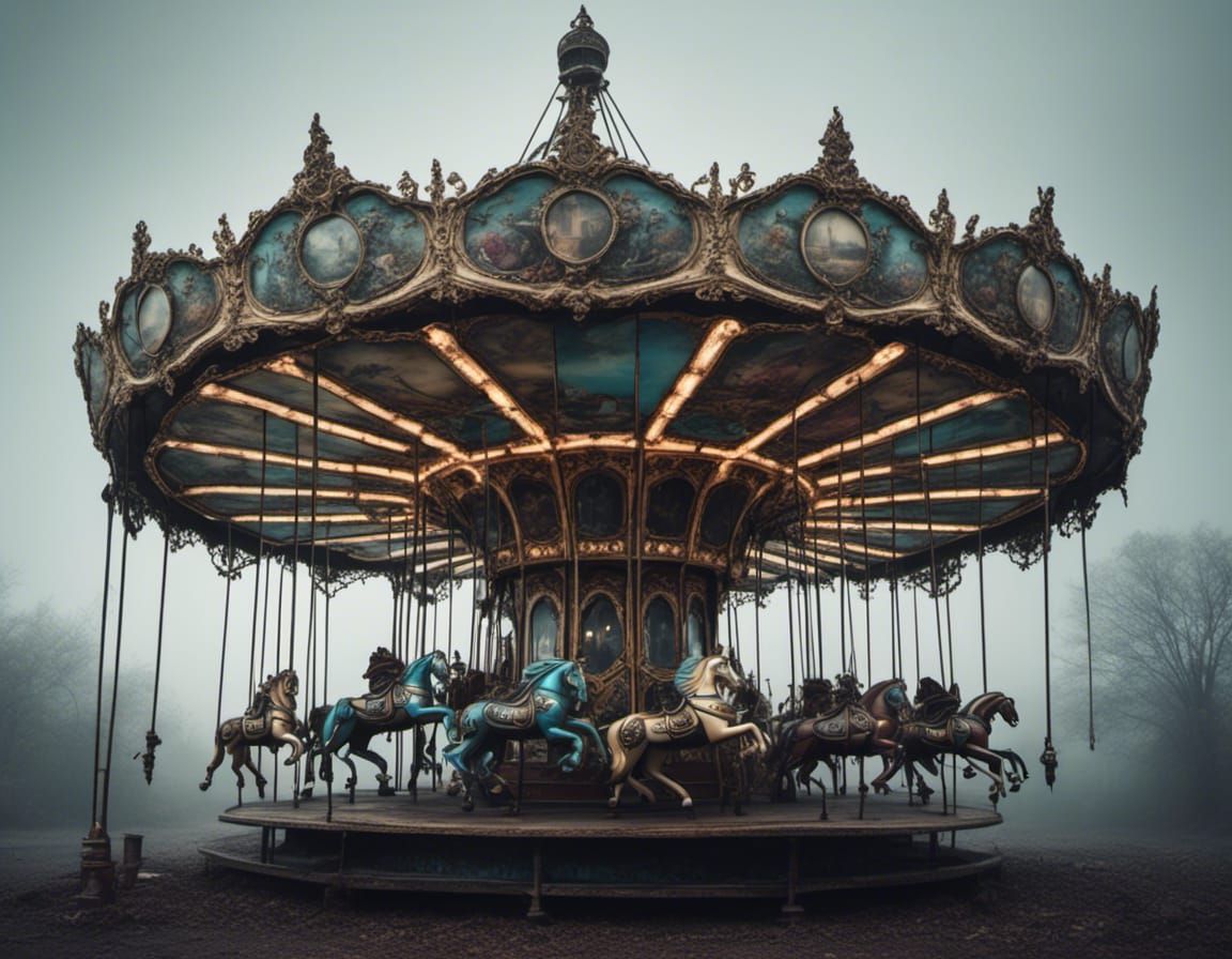 Gothic Abandoned Theme Park Carousel in Despair