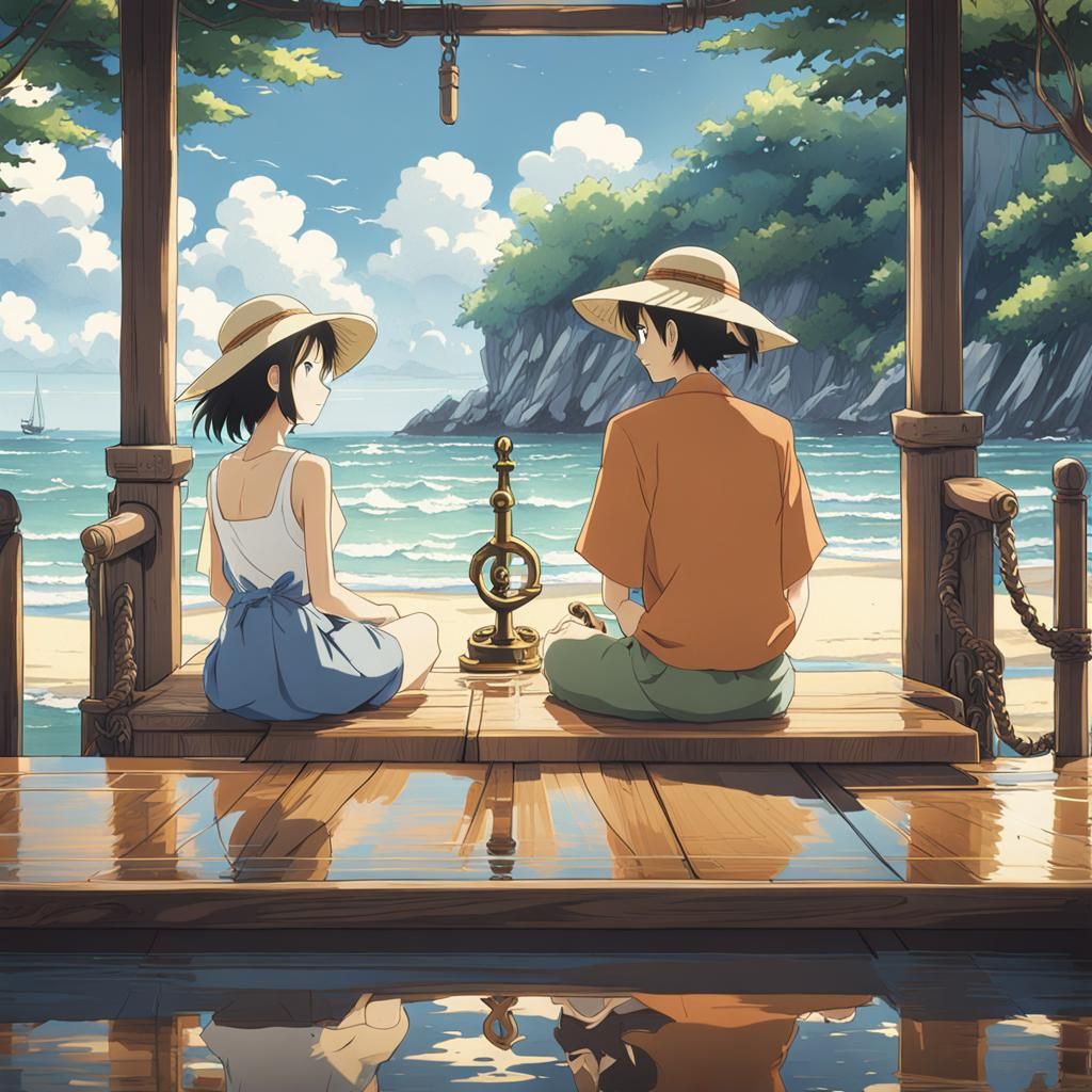 Anime Beach Scene in Studio Ghibli Style