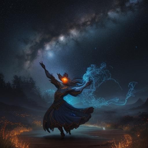 Ethereal Wooden Girl Dancing Under Starry Sky