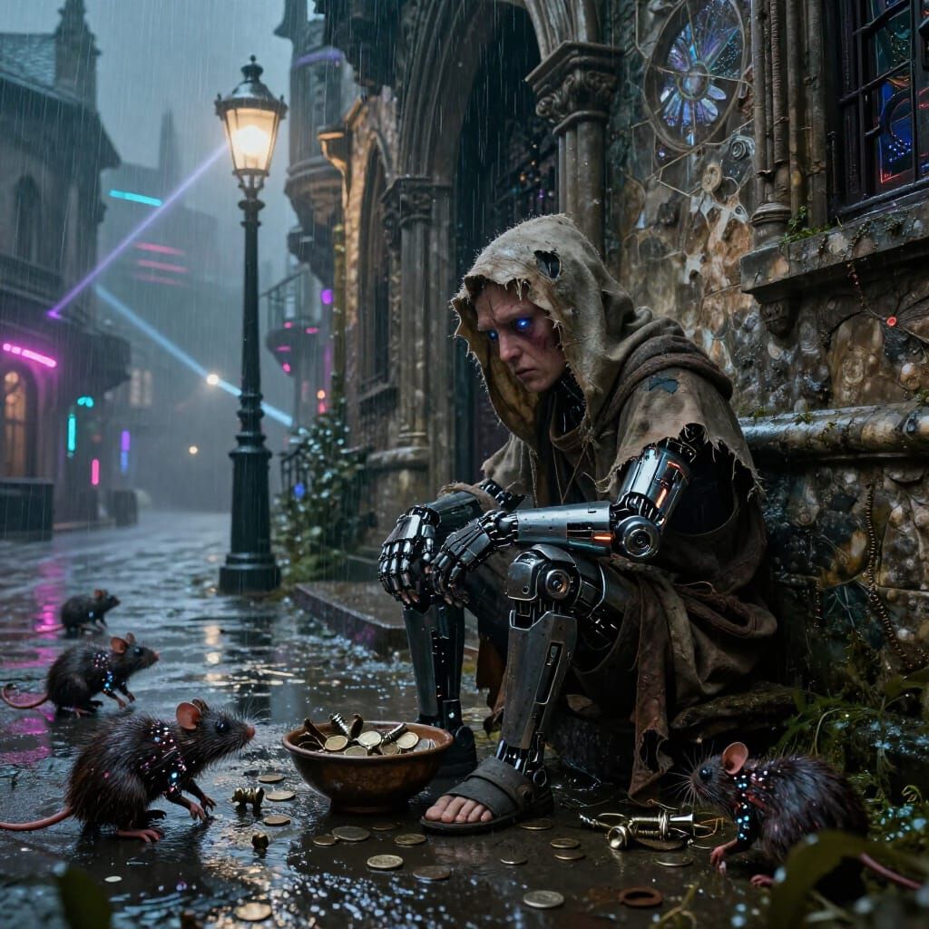 Cyborg Troll in Medieval Cyberpunk City