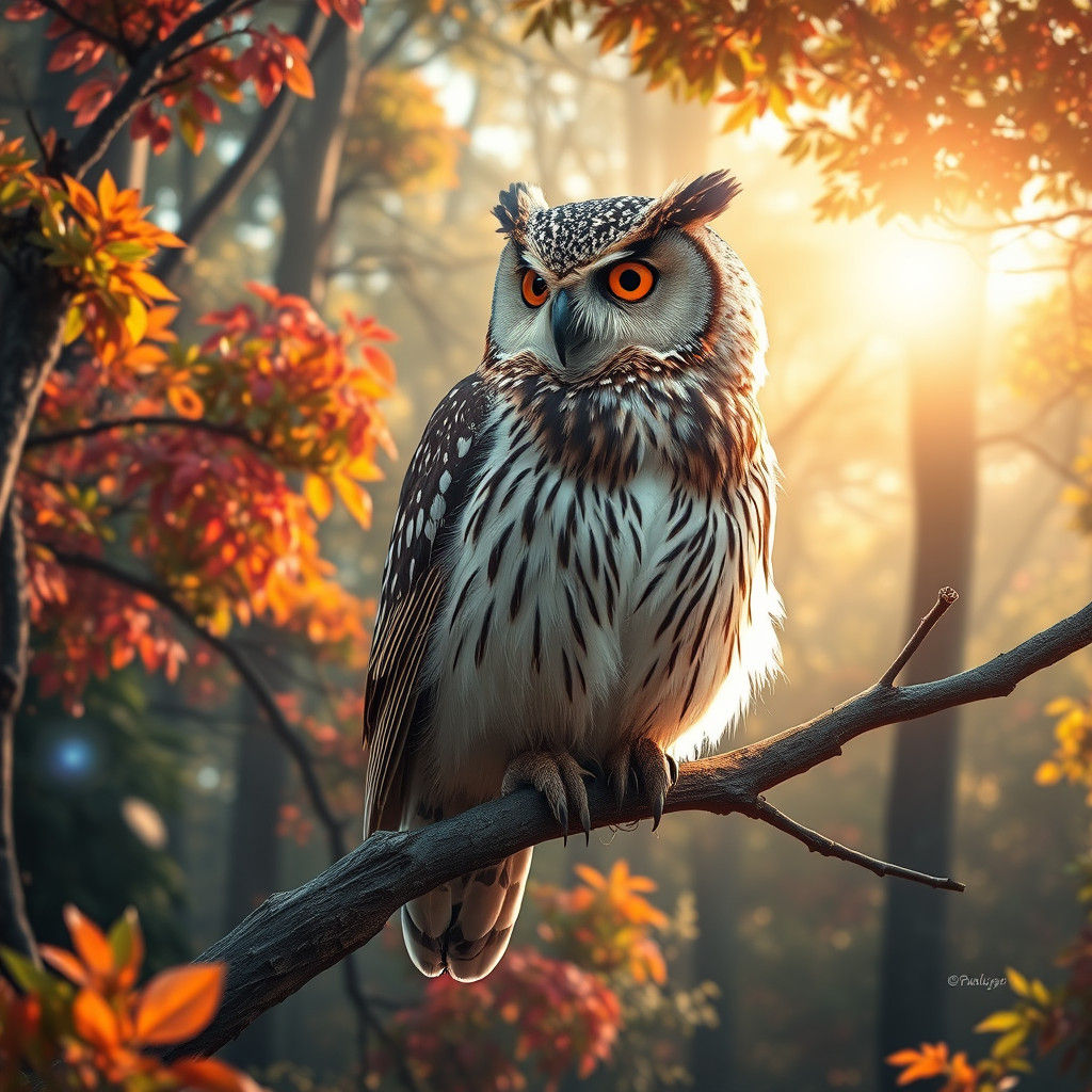 Owl in Sunlit Forest: Holographic Astral Illustration