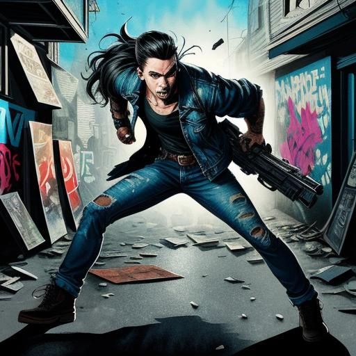 Rebellious Woman in Graffiti Alleyway Comic Illustration