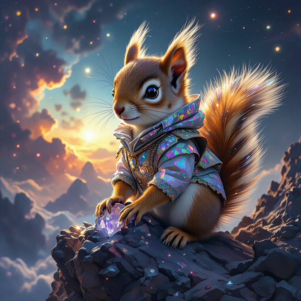 Squirrel with Iridescent Feathers on Crystalline Outcrop