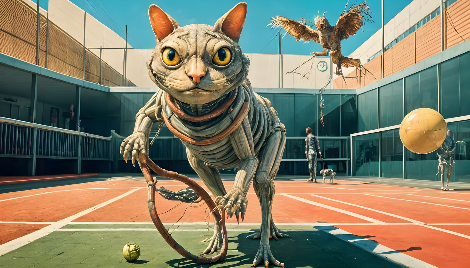 Frog-Headed Cat and Horse-Headed Eagle Play Tennis