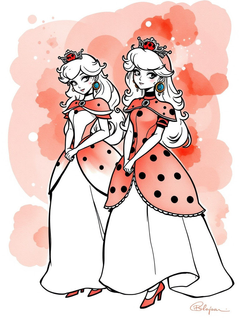 Princess Peach as Ladybug, Art Nouveau Ink Drawing