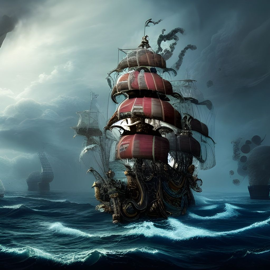 Pirate Ship on Turbulent Seas: Fantasy Art