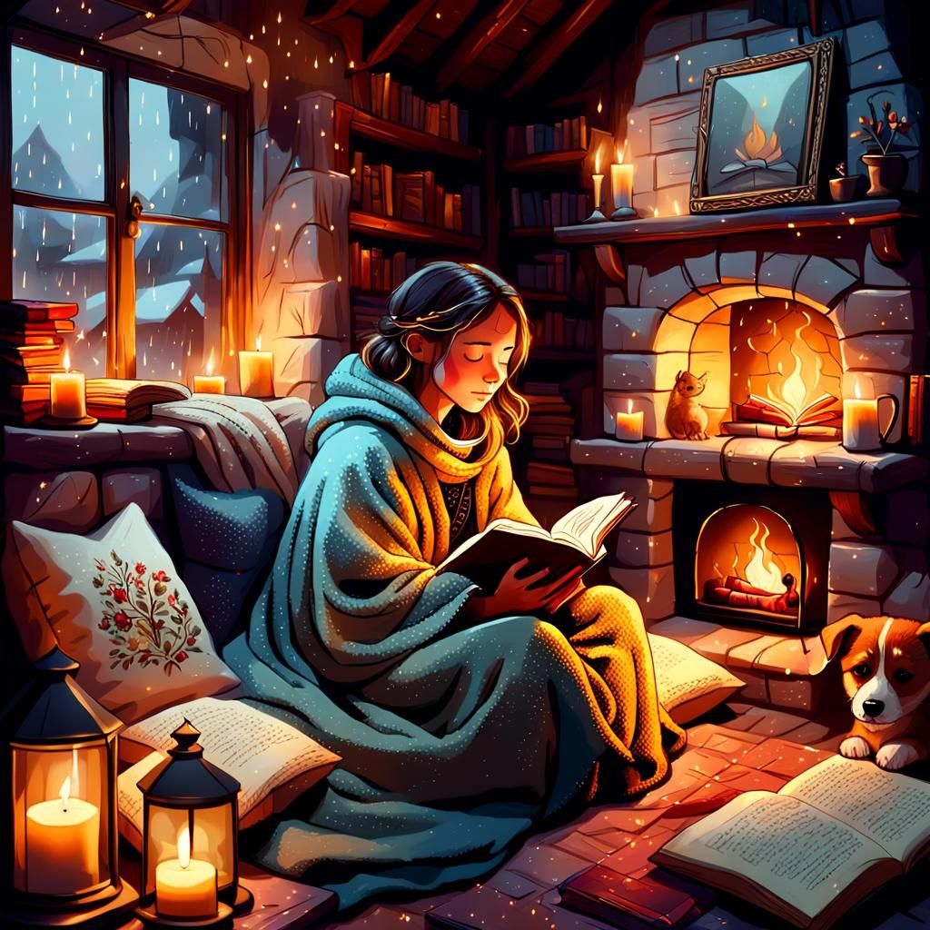 Cozy Fantasy Nook with Fireplace and Soft Lighting