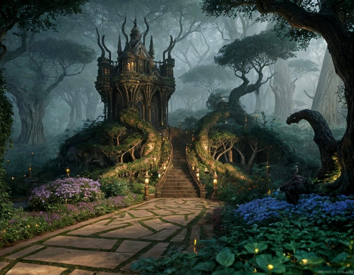 Mystical Hedge Maze with Hidden Statues