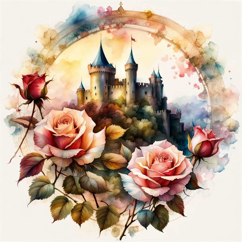 Rose of Wind and Medieval Castle in Watercolor