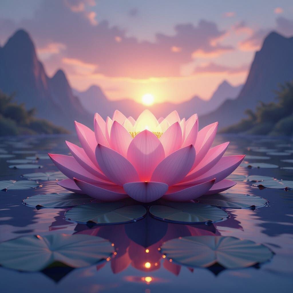 Serene Fantastical Landscape with Glowing Lotus Symbol