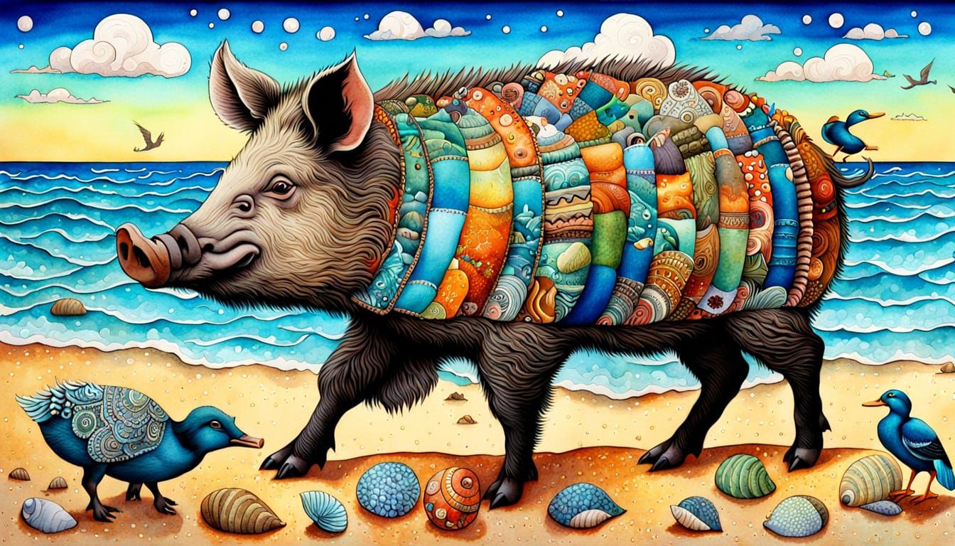 Wild Boar Beach Holiday in Watercolor Style