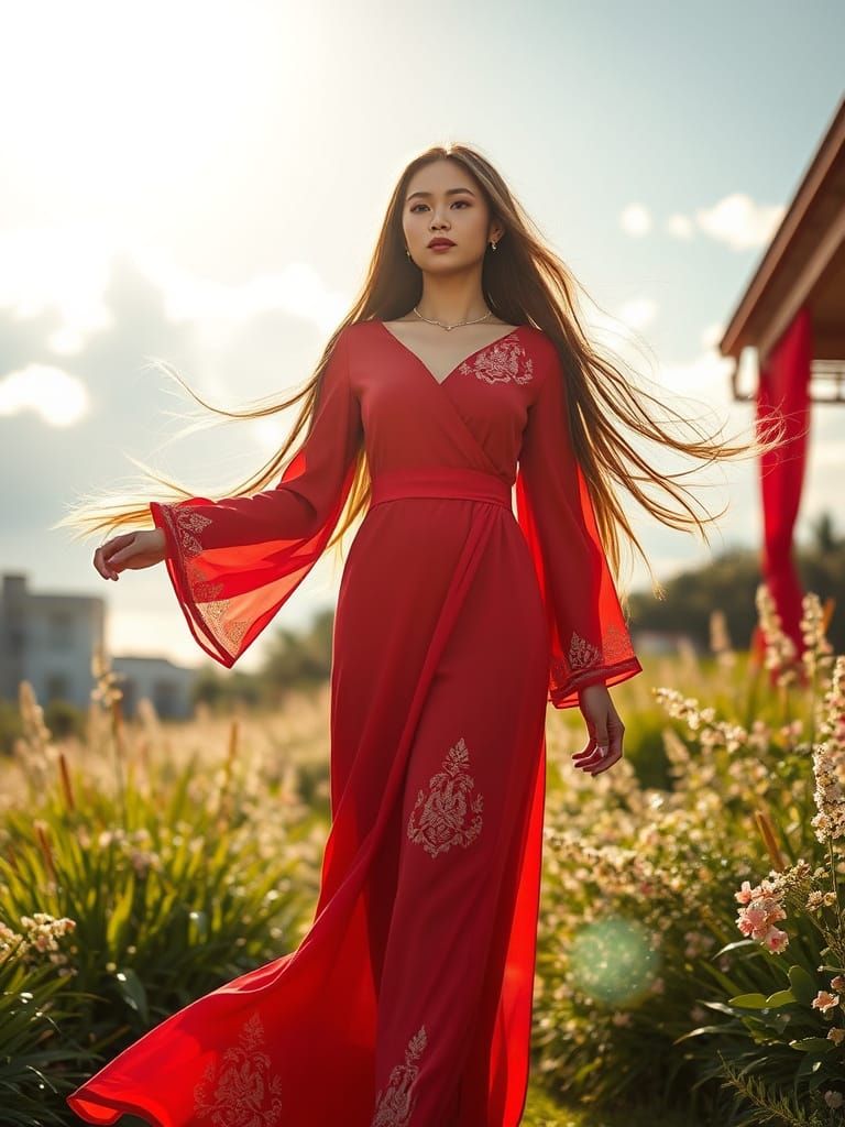 Woman in Red Silk Dress at Garden Party