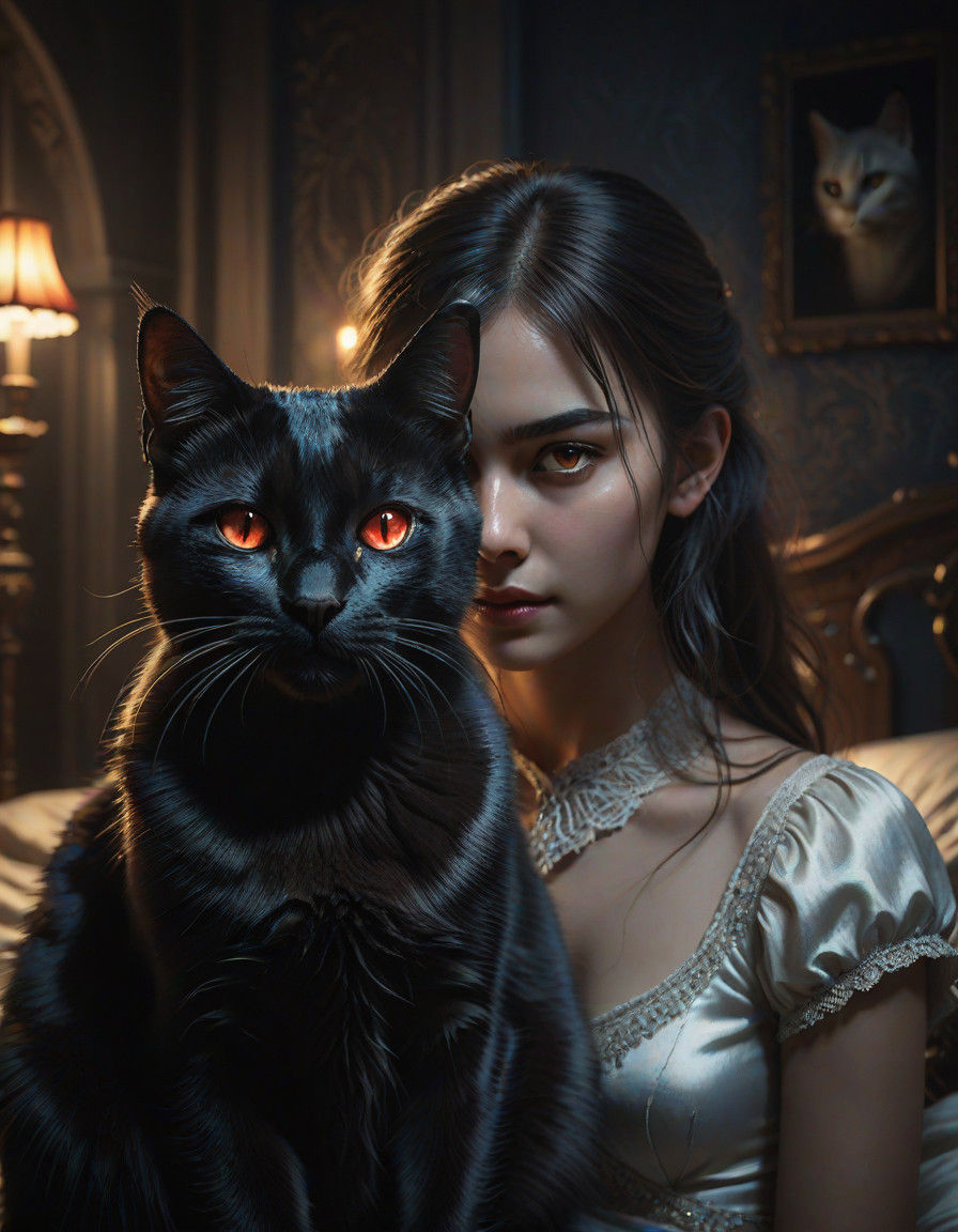 Sleek Black Cat Guards Girl with Fierce Determination in Dar...