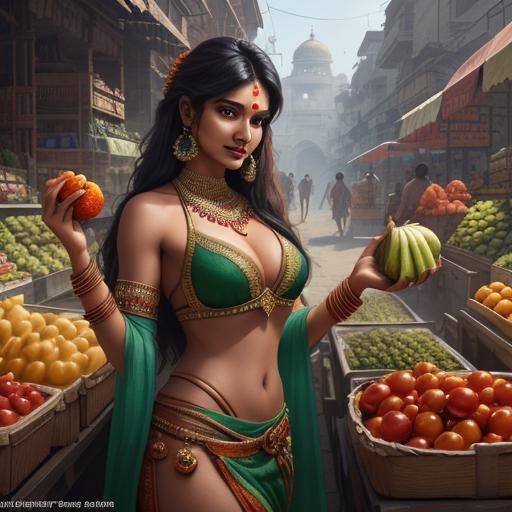 Indian Girl Selling Vegetables: Detailed Matte Painting