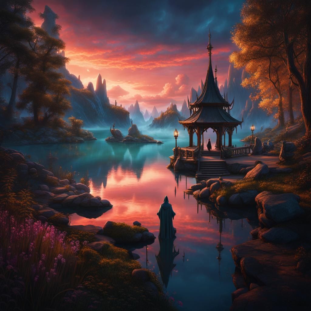 Enchanted Lake Crossing: A Fantasy Concept Art