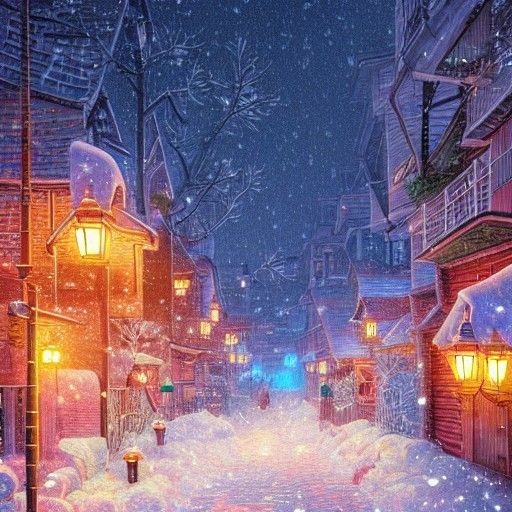 Cozy Winter Fantasy Street in Anime Style