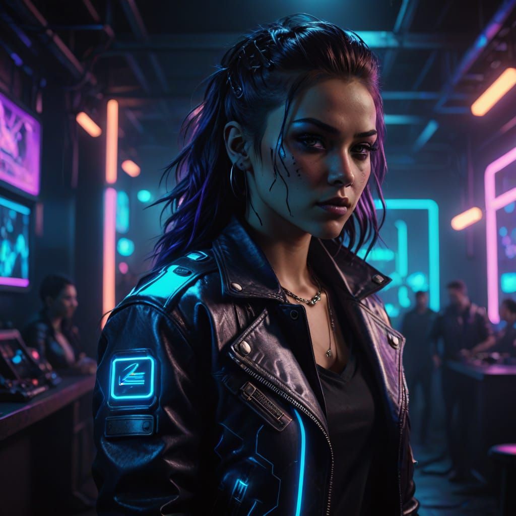 Cyberpunk Female Celebrity in Neon-Lit Nightclub