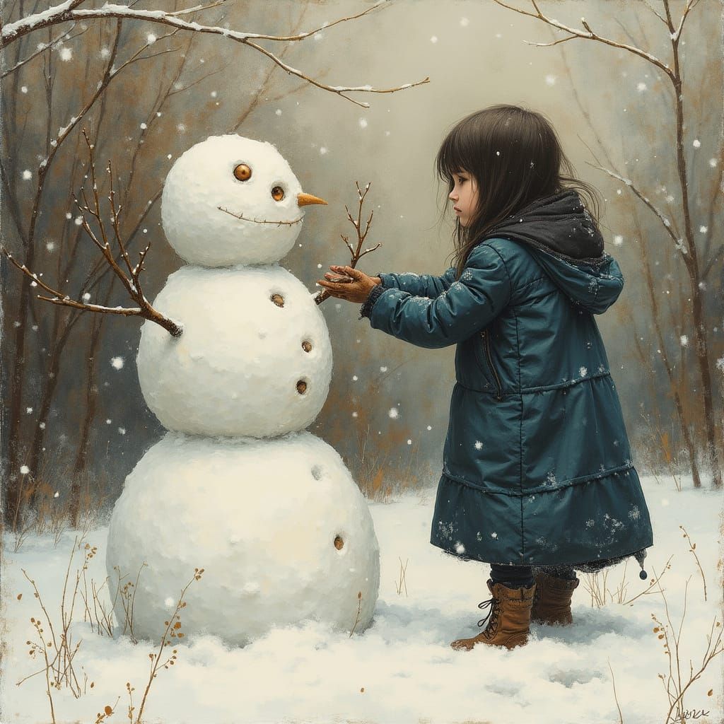 Little Girl and Pet Monster Build Winter Wonderland