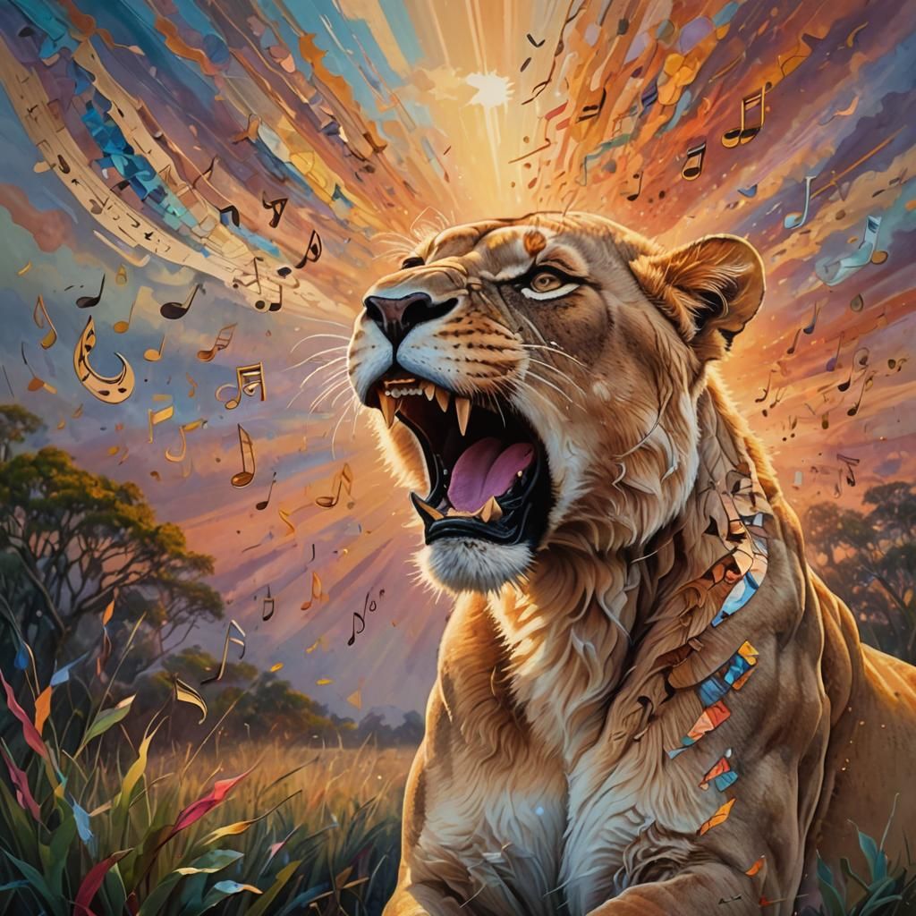 Lioness Roaring Musical Notes in Dreamy Savannah