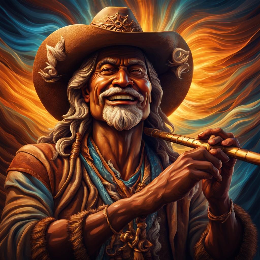 Playful Wind God with Flute and Cowboy Hat