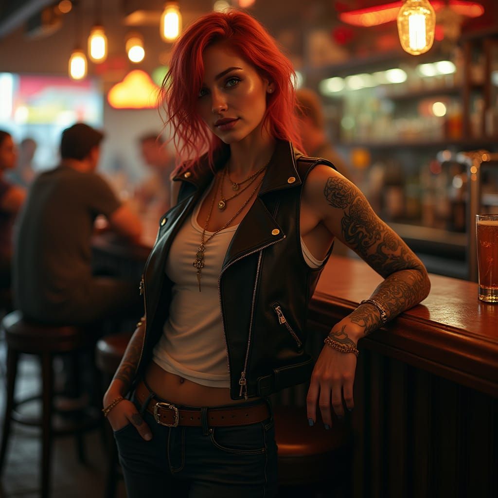 Action Photo of a Tattooed Redhead Woman in Leather Vest