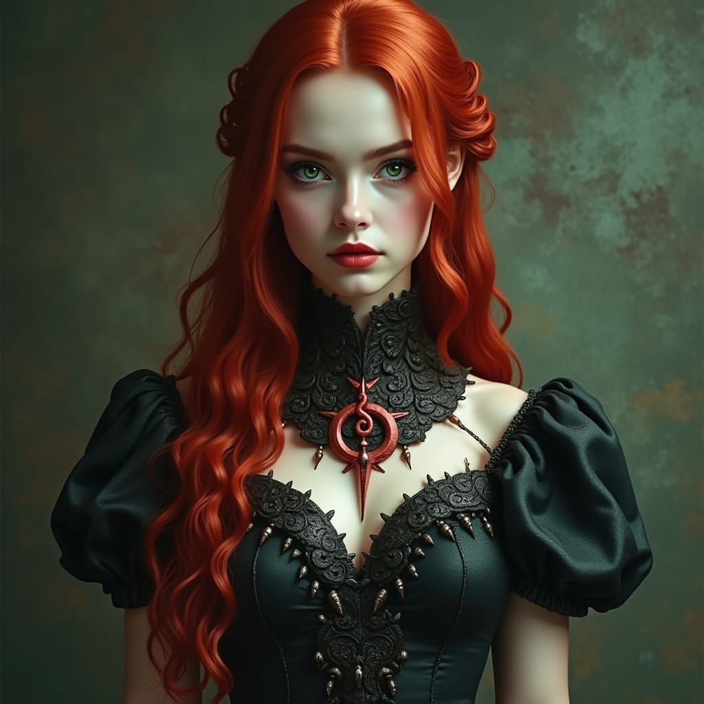 Elegant Girl with Red Hair in Gothic Style