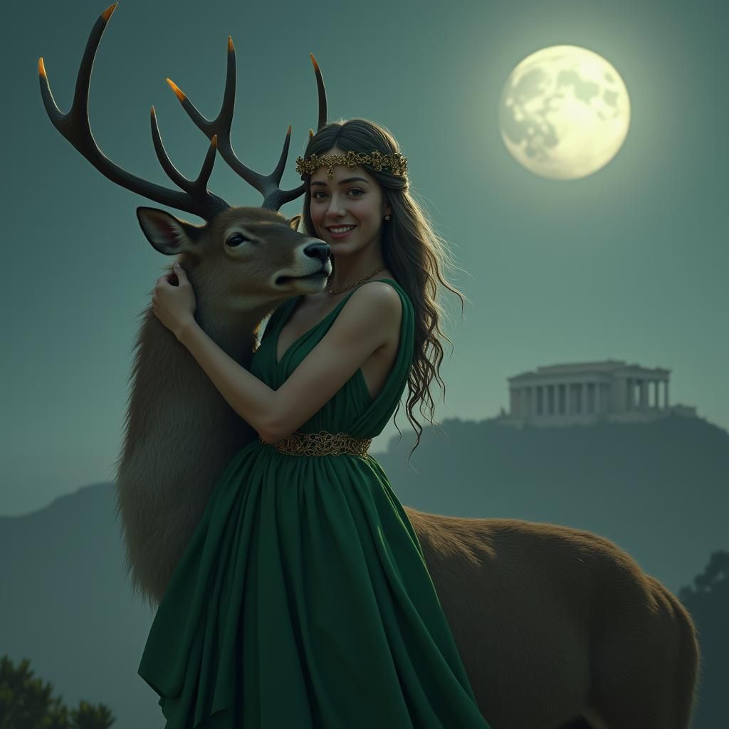 Artemis and Deer in Moonlit Landscape