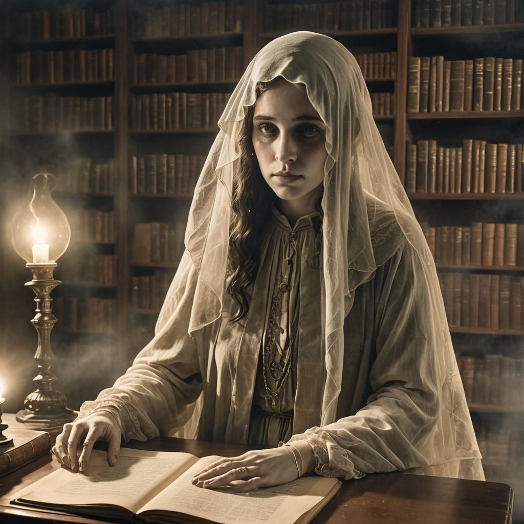 Ethereal Ghost in Gothic Library, Low-Key Lighting