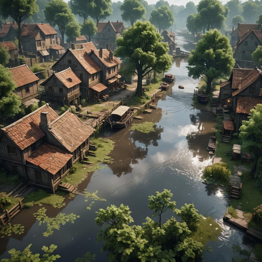Rainy Village Canal in 3D Game Cinematic Style