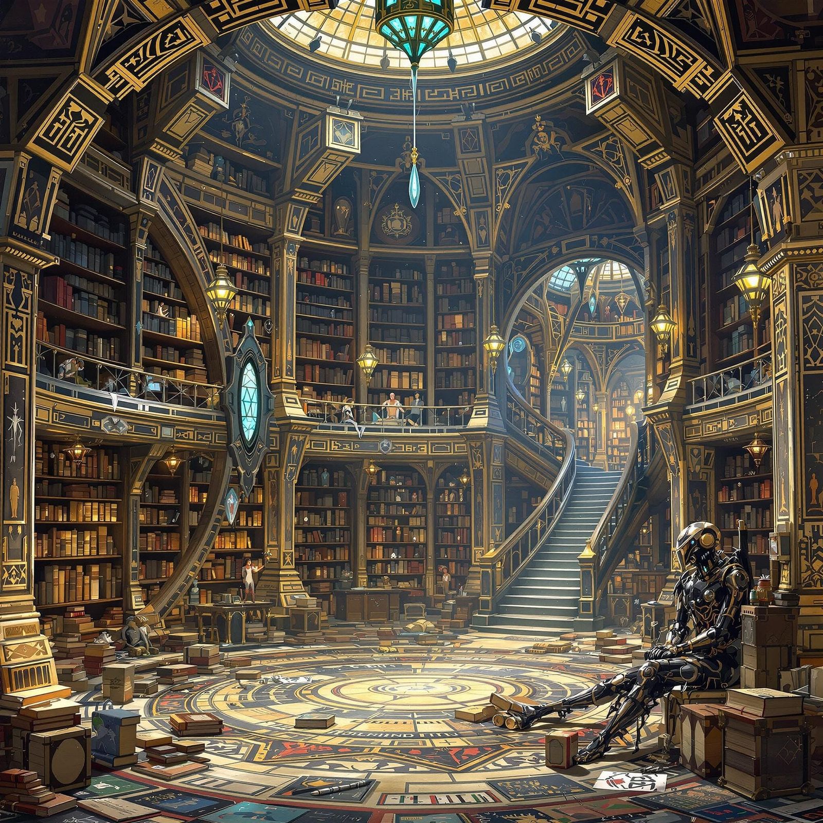 Divine Libraries with Ancient Tomes in Ghibli Style