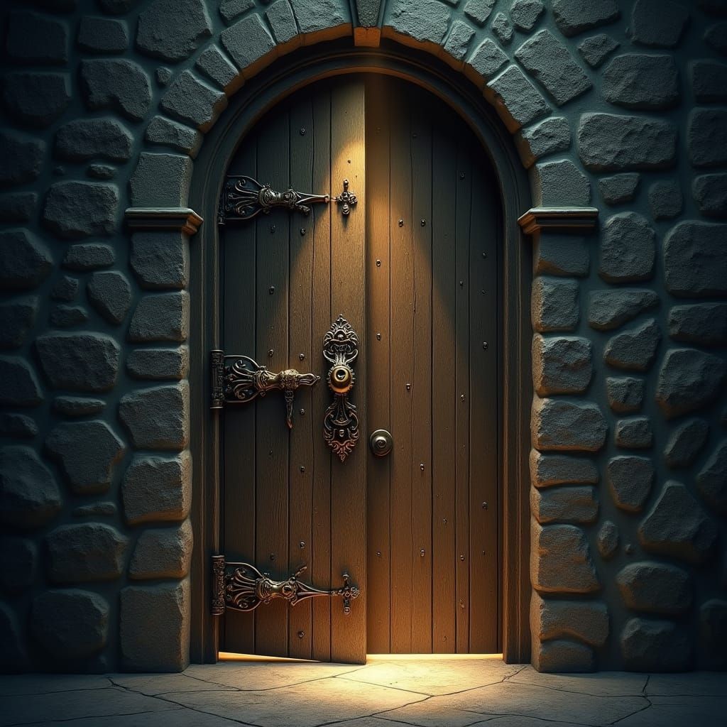 Ancient Door with Golden Light and Eerie Shadows