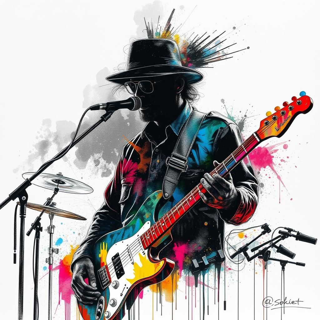 Double Exposure Silhouette: Musician in Graffiti Style