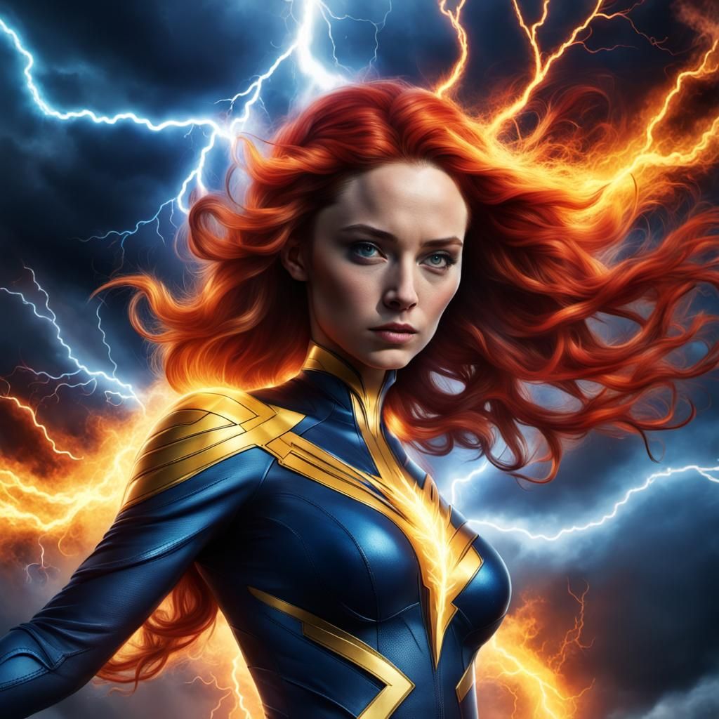 Dark Phoenix Engulfed in Lightning and Blue Flames
