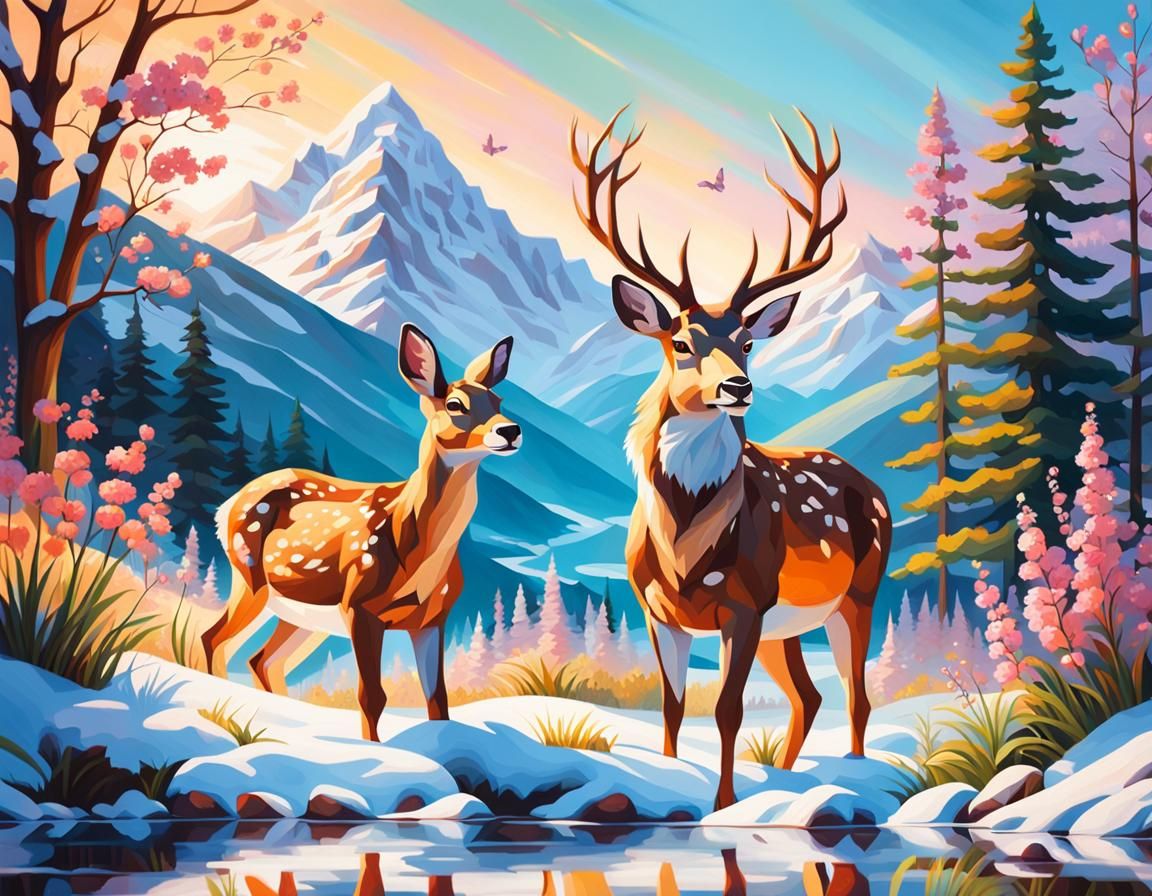 Deer and Rabbit in Meadow: Oil Painting Concept Art