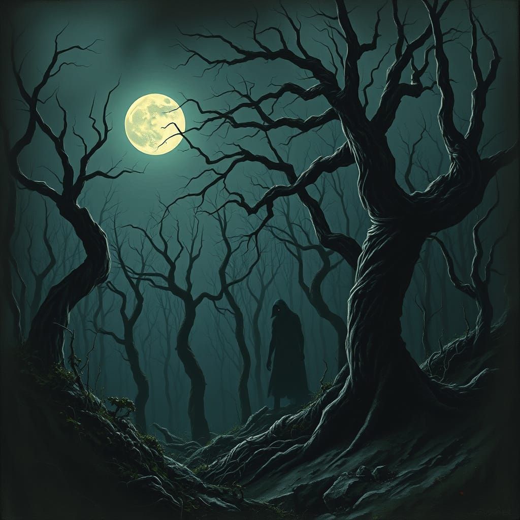 Eerie Moonlit Horror Scene in Dark, Gritty Style