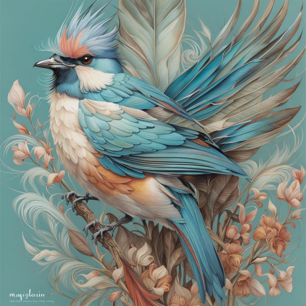 Colorful Bird in Flight, Mixed Media Illustration